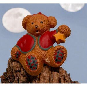 Vintage Hallmark Teddy Bear Brooch Pin Holding Christmas Star Retro 90s